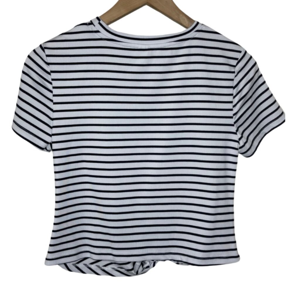 UNBRANDED | Women's Ribbed Blue and White Striped Knot Cropped Top | Size L - Picture 4 of 7